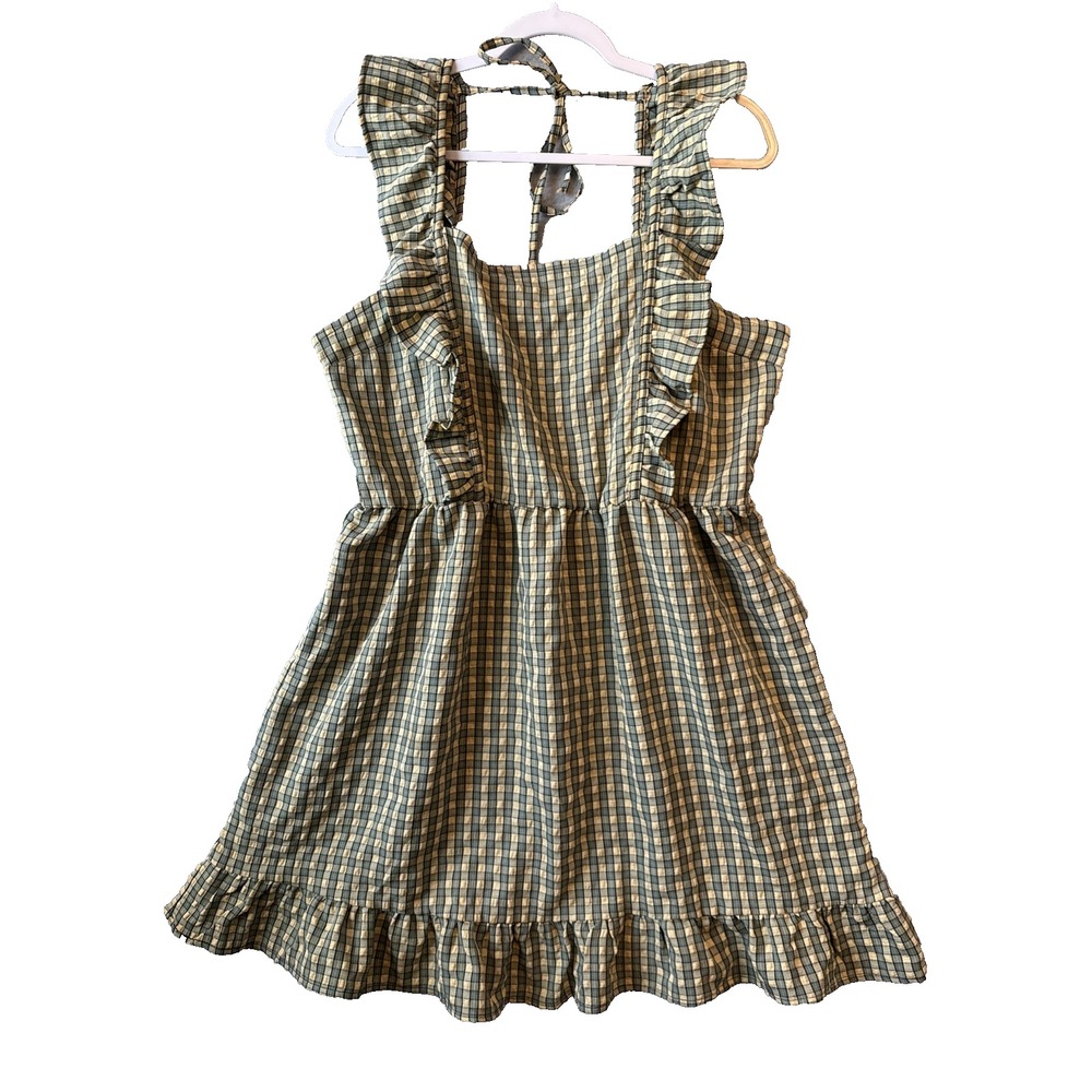 Wild‎ Fable Plaid Apron Dress Ruffle Strap Cottagecore Gingham Green Coquette XL